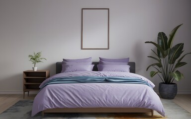 A serene bedroom setting. Above the bed, a blank vertical frame is hung on the wall
