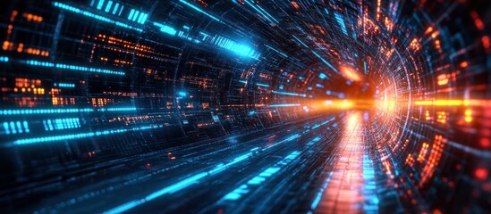 Fototapeta premium Abstract futuristic tunnel with blue and orange light streaks.