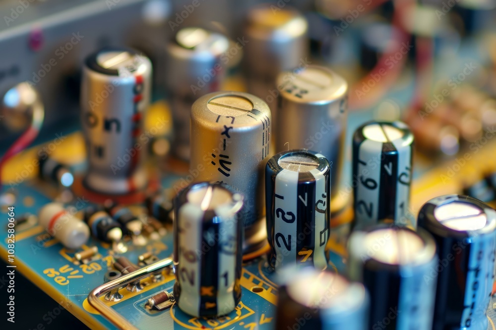 Poster macro photograph showing a collection of electrolytic capacitors attached to a circuit board