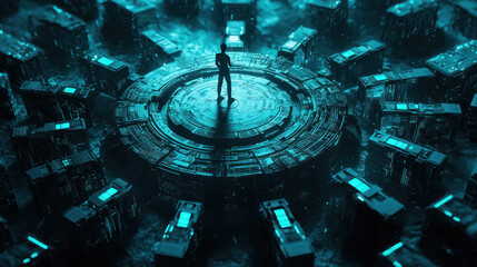 A solitary figure stands amidst a futuristic network of encrypted locks and digital shields, symbolizing the battle against hackers in the cyber realm.