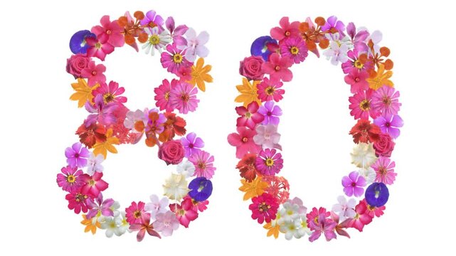 80, Video of numbers formed from growing flowers, suitable for birthday, anniversary and commemoration templates.
