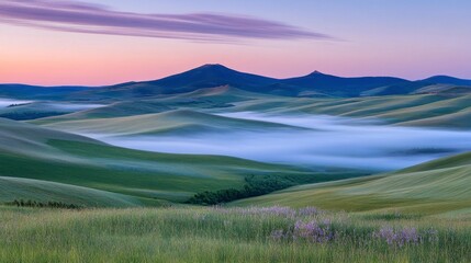 Serene Morning Landscape with Rolling Hills and Mist