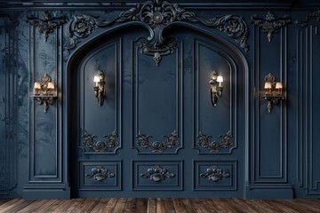 Intricate Wooden Relief on Dark Blue Wall in Classic European Room