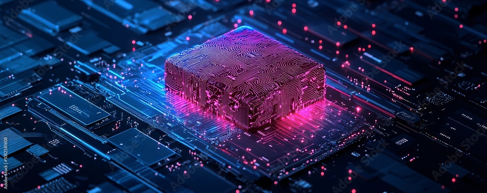Poster Cpu processing data on motherboard with futuristic lighting