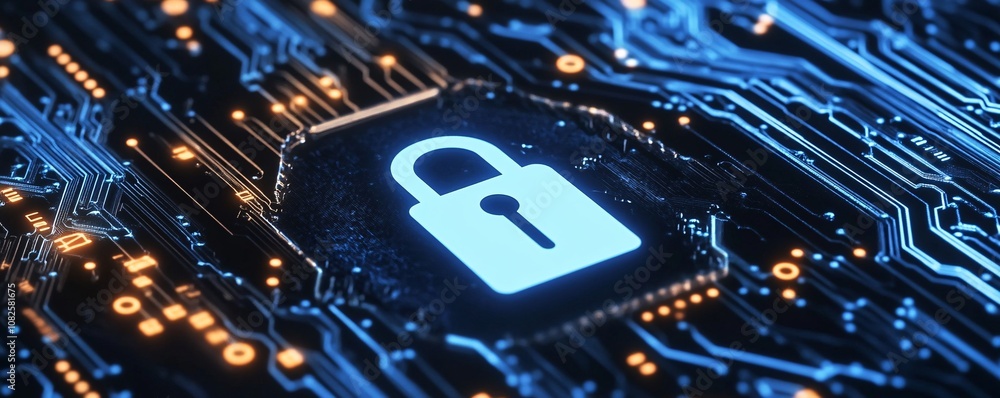 Poster glowing padlock icon securing digital circuit board