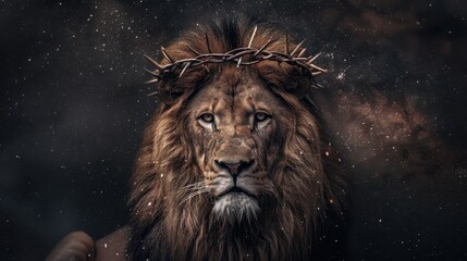 Fototapeta premium Lion with Crown of Thorns and Halo Against Dark Galaxy Background