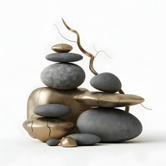 Minimalist composition of various textured stones and a single organic branch against a pure white background. Hyper-realistic details emphasize natural textures and smooth contours, ideal for nature-