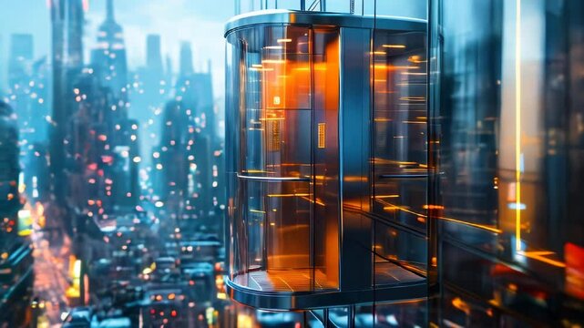 Panoramic elevator high outside building against the backdrop of metropolis. Stylish empty elevator with transparent glass walls in city.
