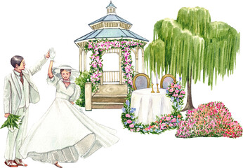 Fototapeta premium Hand-drawn Couple Dancing at wedding ceremony