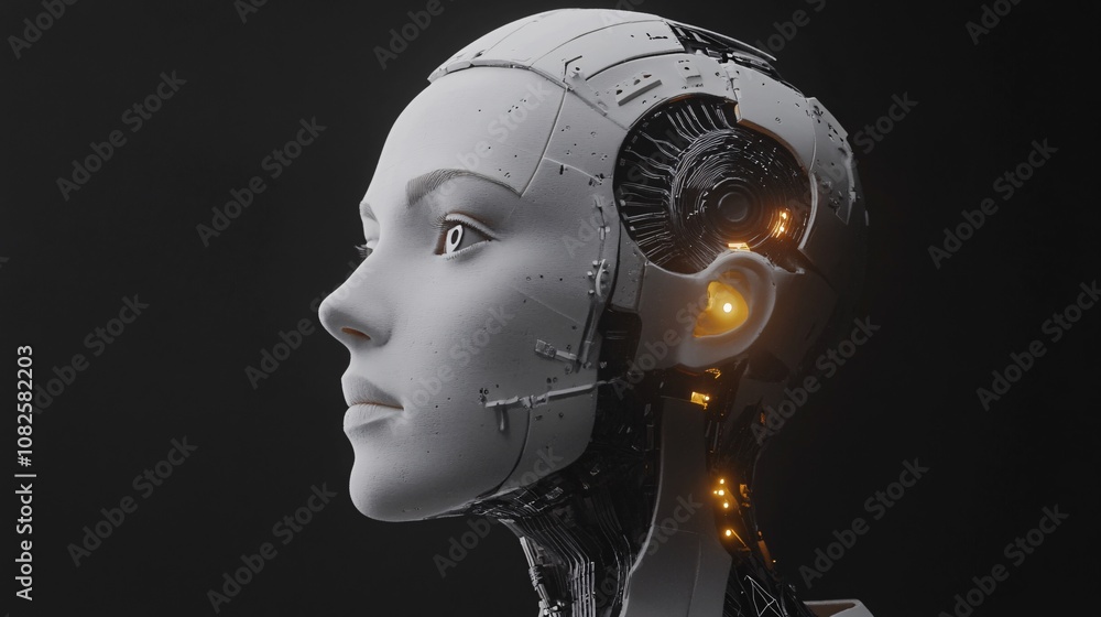 Poster realistic female android head showing artificial intelligence in profile view