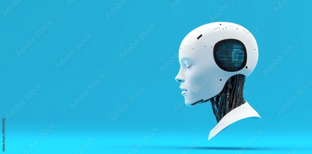 Poster detailed robotic head with abstract lines and dots. deep learning, neural networks, stock in virtual