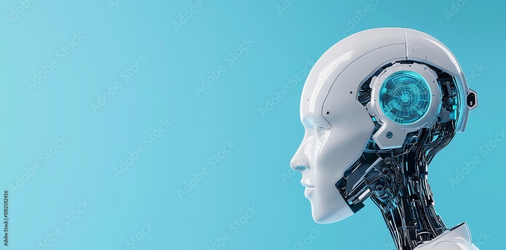 Poster realistic robotic head with dots. neural network, deep learning, stock in virtual reality. 3d render