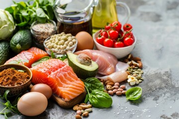 Fresh ingredients for a ketogenic diet, rich in healthy fats, protein and low in carbohydrates