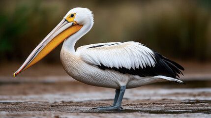 Close-up of a great white pelican standing on a wet surface with a blurred natural background