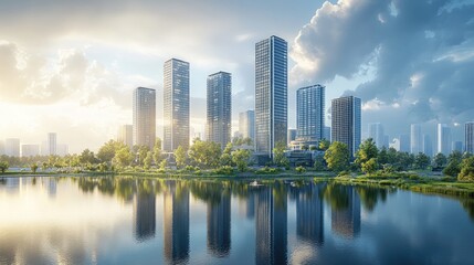A Beautiful Vision of a Futuristic Green City, Blending Sleek Skyscrapers with Vibrant Natural Greenery and a Tranquil Lake, Showcasing Eco-Friendly Urban Design and Sustainability