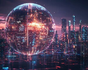 Fototapeta premium Futuristic Glowing Digital Globe Hovering Over Illuminated City Skyline