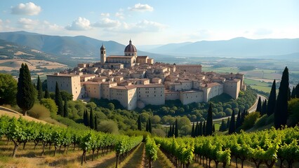 Naklejka premium In a quaint little town perched atop a hill, there is a stunning view of majestic mountains rising beautifully in the background