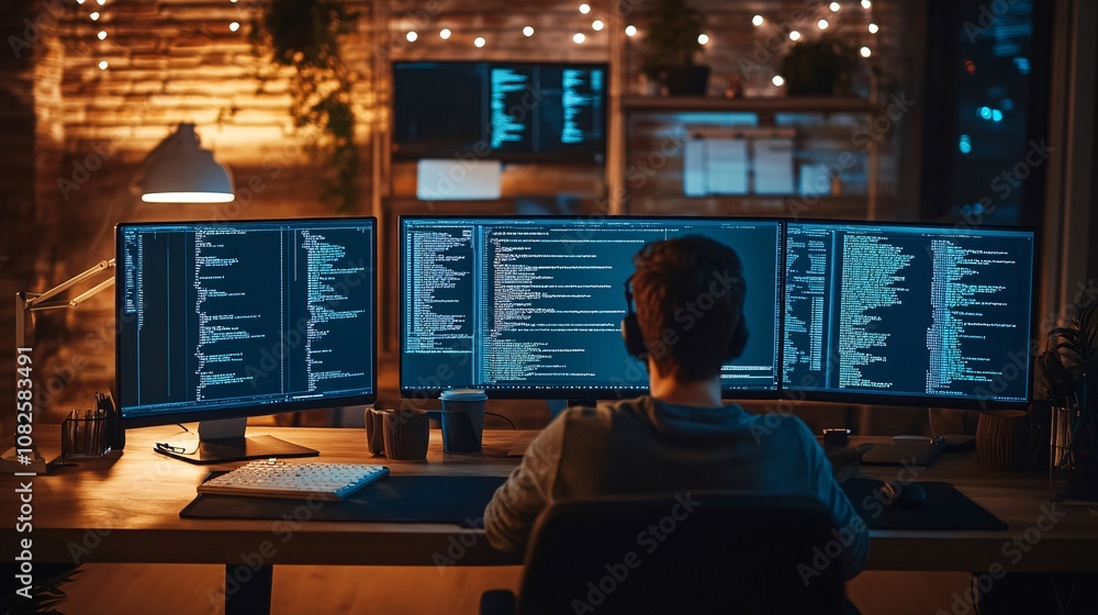 Poster Male programmer writing code on a computer with multiple monitors in a modern loft office at night