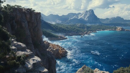 Scenic Coastal Landscape with Mountains and Blue Ocean