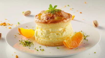Pistachio souffl&eacute; with a golden exterior and rich filling, served with orange segments and pistachio brittle