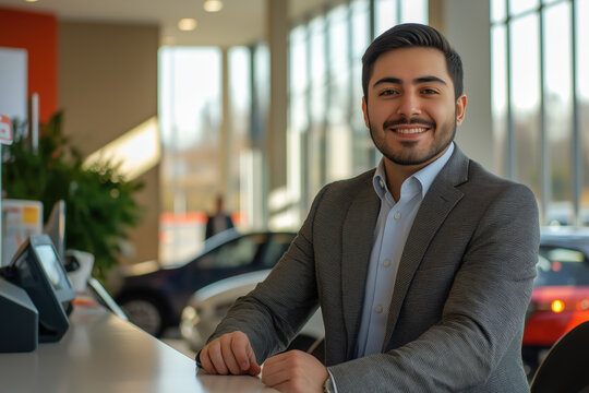 Friendly Auto Showroom Customer Service Representative Smiling at Reception Desk