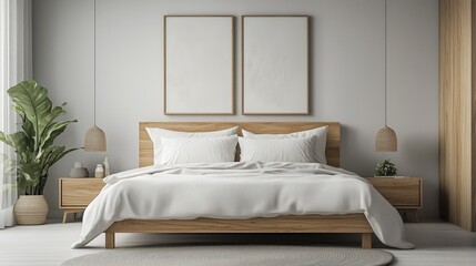 Serene Modern Bedroom Interior with Wooden Furniture, Minimalist Decor, and Natural Elements for a Relaxing Ambience and Inviting Atmosphere