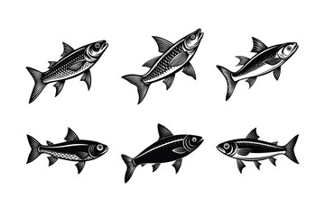 herring fish design, labeled linocut vector silhouette illustration.