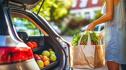 Woman unloading craft paper bag full of fresh groceries, vegetables from trunk of car. Bright, sunlit outdoor setting. Concept of healthy living and sustainable shopping practices in everyday life