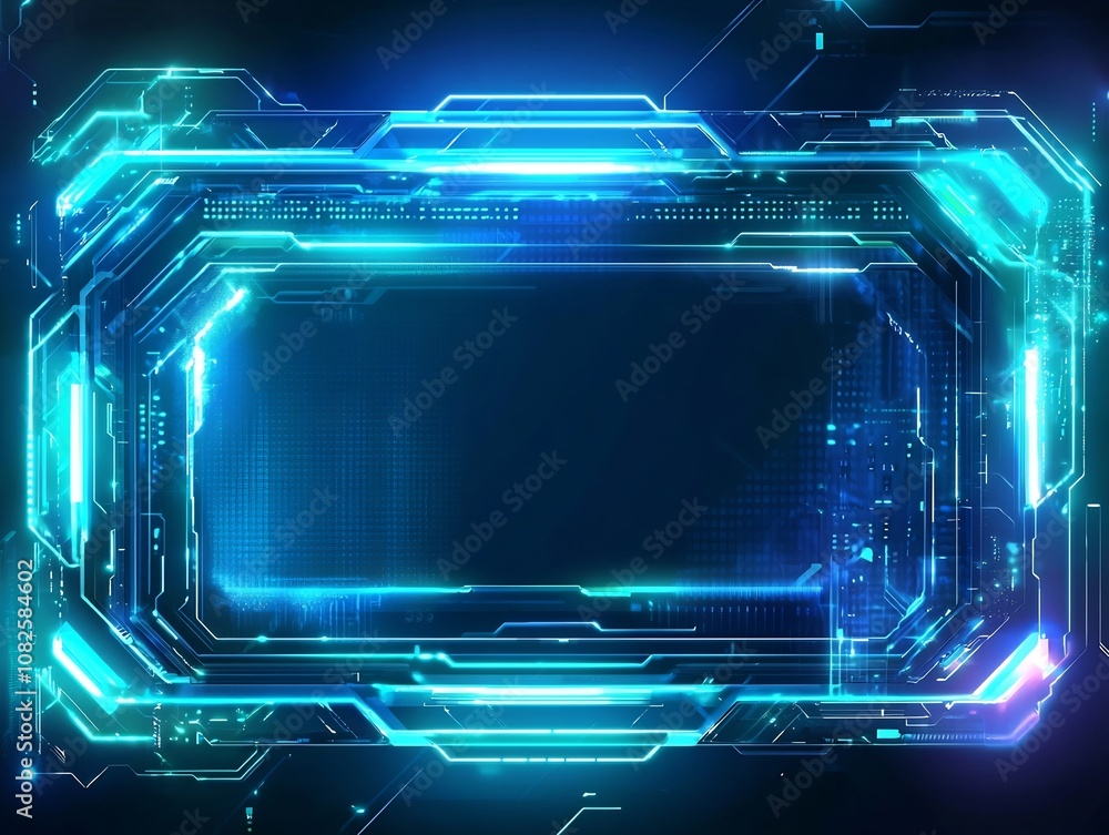 Poster futuristic holographic frame with glowing pixelated edges for digital art display