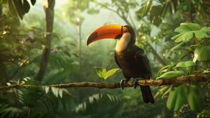 Fototapeta premium A vibrant toucan perched on a branch in a lush, green rainforest.