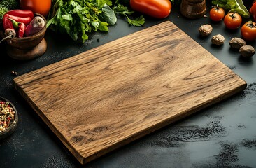 Food Background with an Empty Wooden Board, Surrounded by Vegetables and Spices on a Rustic Table, Top View with Space for Text or Logo
