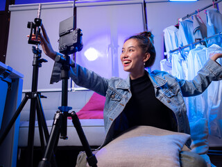 Live streaming session home studio digital content indoor setting engaging perspective online interaction