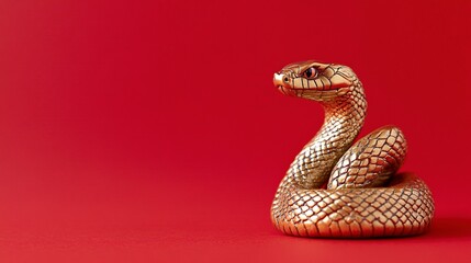 Fototapeta premium Bronze snake figurine on a red background. Happy Chinese New Year.