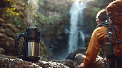 A coffee maker sits on a rock near a tranquil waterfall, surrounded by lush nature. Perfect for outdoor enthusiasts seeking a hot drink during adventures.