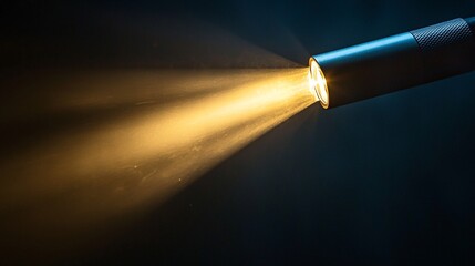 Fototapeta premium A bright flashlight beam cuts through the darkness, illuminating the surrounding space. The image captures a moment of clarity in a shadowy environment, showcasing the power of light.