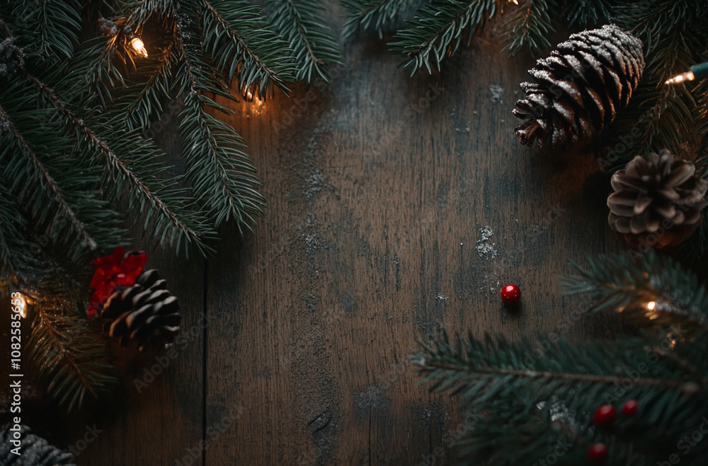 Poster pine branches, pine cones, and red berries rest on a dark wood background with small lights illumina