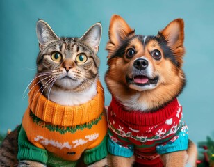 a fun image of cats and dogs wearing colorful ugly sweaters celebrating ugly sweater day their playful expressions and cozy attire bring joy and humor to the festive occasion