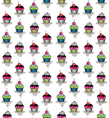 Seamless pattern with cute cartoon  cupcakes