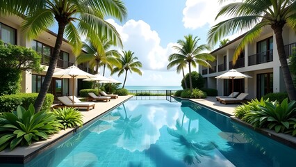 Fototapeta premium A tranquil and serene tropical oasis showcasing a luxurious swimming pool surrounded by lush greenery and sun