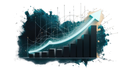 A striking digital illustration displaying a bar graph with an upward trend line, The white background contrasts with deep blue watercolor splashes creating a dynamic visual effect.