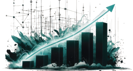 A striking digital illustration displaying a bar graph with an upward trend line, The white background contrasts with deep blue watercolor splashes creating a dynamic visual effect.