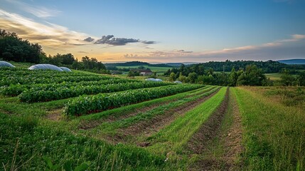 Fototapeta premium Scenic View of Lush Green Fields at Dusk
