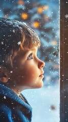 Fototapeta premium 1980s, hyper realistic, a kid looking through a window with snow, outside view, christmas decorations, generative ai