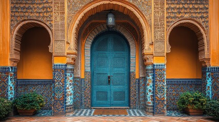 A grand, ornate entrance with a blue door and intricate tilework.