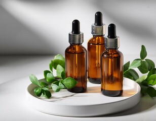 amber glass dropper bottles with greenery on white plate with shadow