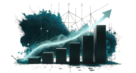 A striking digital illustration displaying a bar graph with an upward trend line, The white background contrasts with deep blue watercolor splashes creating a dynamic visual effect.