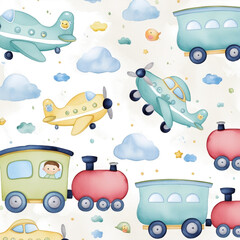 Naklejka premium A delightful assortment of cartoon-style vehicles including airplanes, cars, and a train, all set against a light blue sky with fluffy clouds and cheerful stars.generative ai