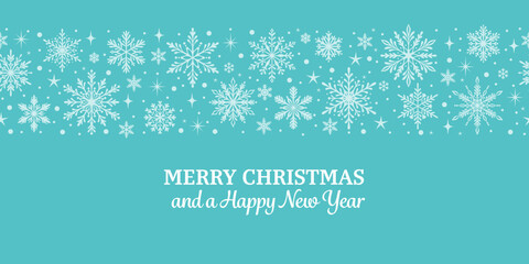 Elegant Merry Christmas greeting card wallpaper, vector border illustration with snowflakes, white and blue