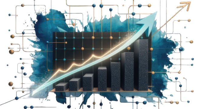A striking digital illustration displaying a bar graph with an upward trend line, The white background contrasts with deep blue watercolor splashes creating a dynamic visual effect.