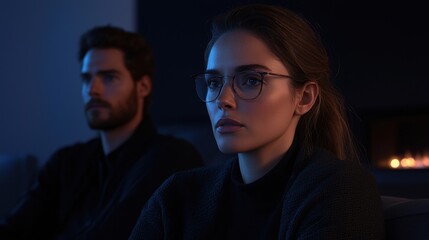A man and a woman are sitting on a couch, both wearing glasses